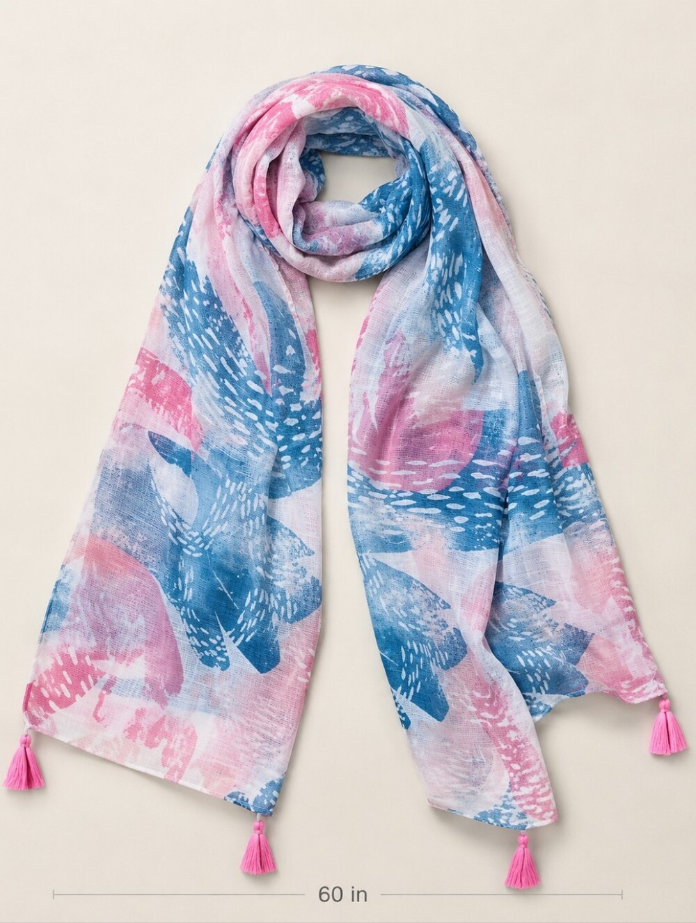 Pink Blue Abstract Print Scarf Women Tassel Lightweight Boho Coastal Resortwear
